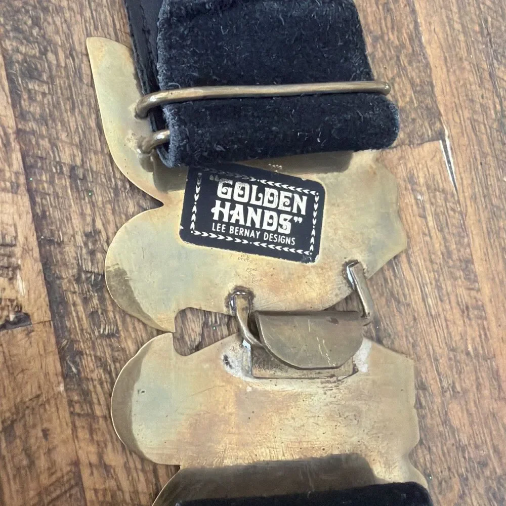 Vintage Golden Hands Lee Bernay Belt Brass Enamel Buckle Suede Boho Hippie